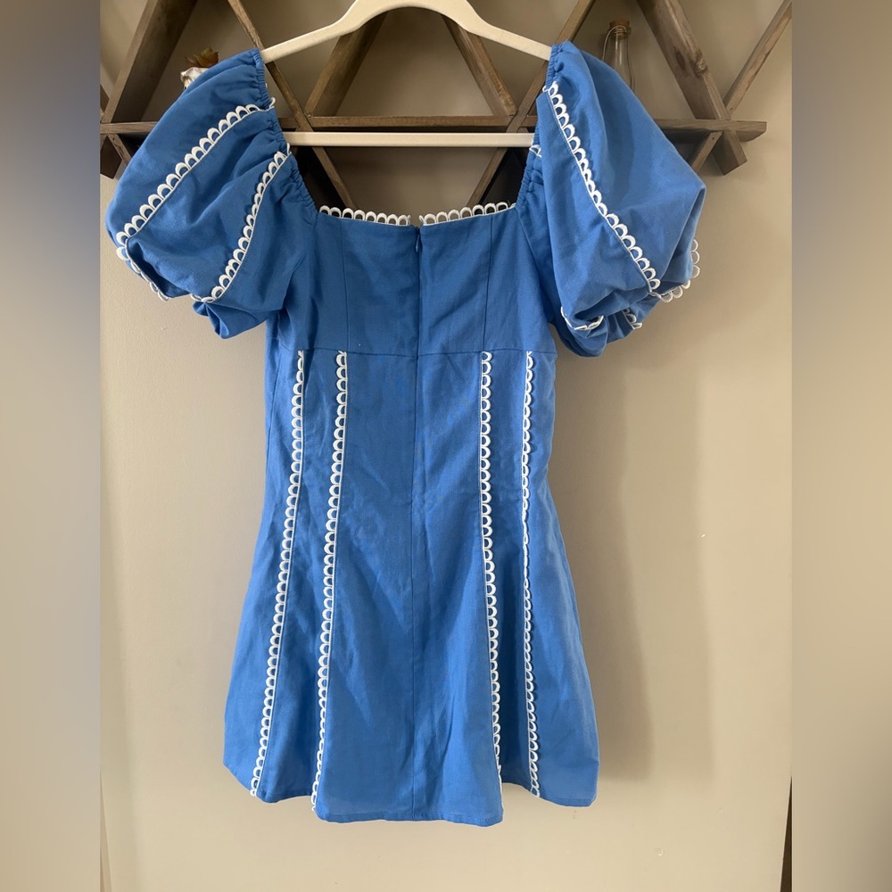 Altar'd State Blue Puff Sleeve Mini Dress with White Trim - Picture 8 of 8
